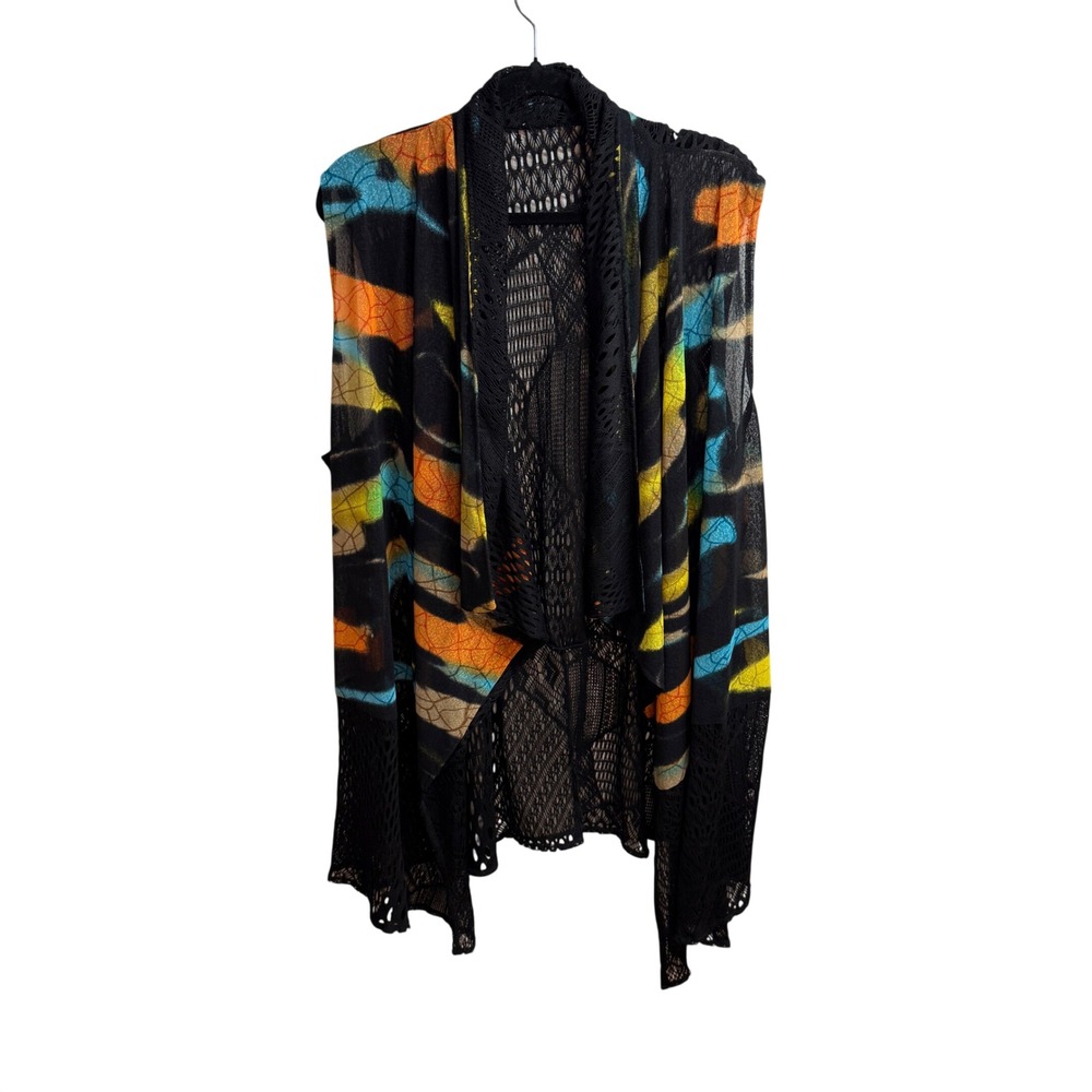 Artisan Abstract Print Boho Kimono Duster Womens Black Orange Blue L (estimated)